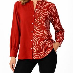 SHEIN Red Split Solid & Swirl Print Button-Down Shirt